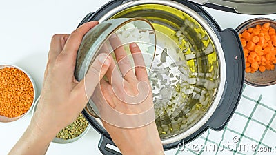 Saute chopped onion in electric multi cooker Stock Photo