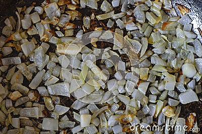 Sauteed onions in pan Close-up Stock Photo