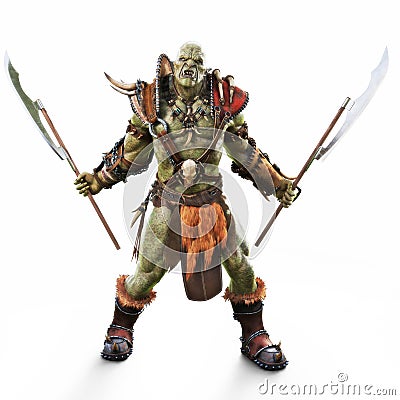 Savage Orc Brute warrior wearing traditional armor ready for battle. Fantasy themed character on an isolated white background. Stock Photo