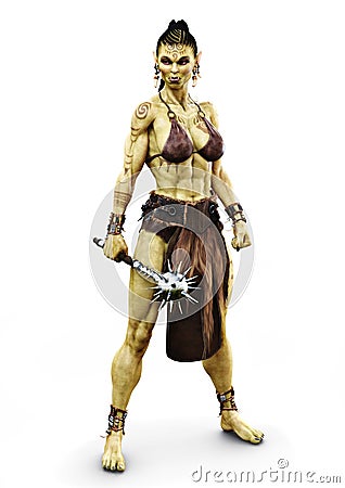 Savage Orc female holding a flail. Fantasy themed character on an isolated white background. Stock Photo