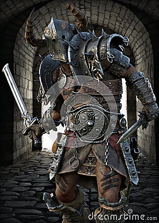 Savage warrior running into battle wearing traditional armor and equipped with a sword . Fantasy themed character. Stock Photo