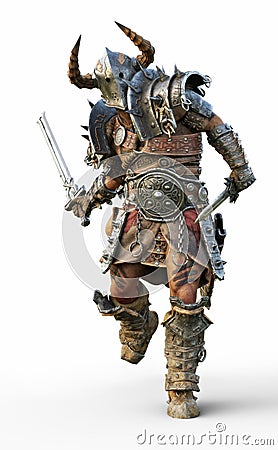 Savage warrior running into battle wearing traditional armor and equipped with a sword Stock Photo