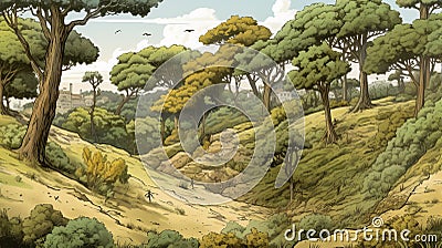 Savanna Hillside In France: Architectural Drawings And Children's Book Illustrations Cartoon Illustration