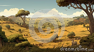 Savanna Hillside In France: Detailed Architectural Drawings And Children's Book Illustrations Cartoon Illustration