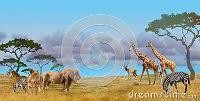 Savanna predators and prey wild animals group Stock Photo