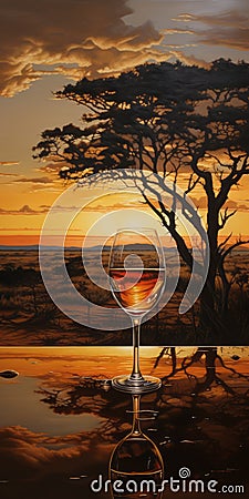 Savanna Sunset: Wine Glass On Rock - Inspired By Rob Hefferan And Hiroshi Nagai Stock Photo