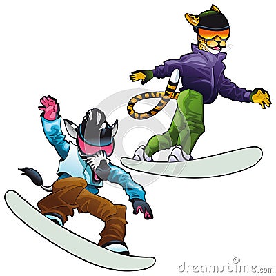 Savannah animals on snowboard. Vector Illustration