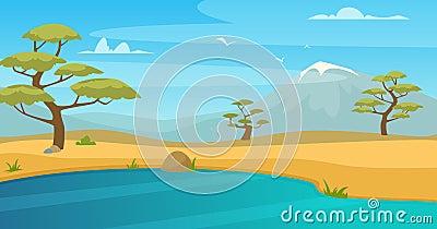 Savannah background. outdoor landscape with african outdoor savannah with lake. Vector background Vector Illustration