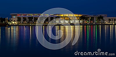 Savannah Convention Center lighting reflects on the Savannah River during blue hour Editorial Stock Photo