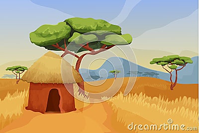 Savannah landscape, scenery with traditional hut, acacia trees, road, blue sky and mountains in cartoon style isolated Vector Illustration