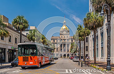 Savannah Tour Bus and City Hall Editorial Stock Photo