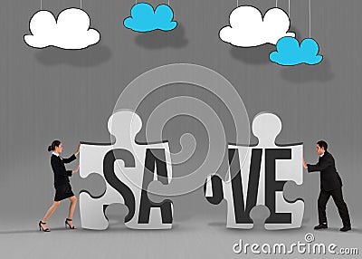 Save against grey jigsaw pieces Stock Photo