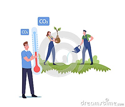 Save Biosphere, Stop Global Warming Concept. Revegetation, Reforestation and Planting, Volunteers Planting Trees Vector Illustration
