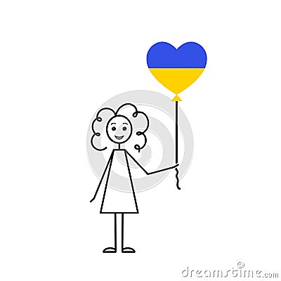 save the children, happy ukrainian girl, love Ukraine sketch, curly girl with a heart shaped balloon, black line vector Vector Illustration