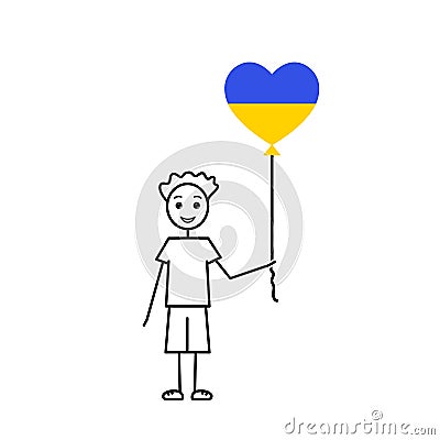 save the children, happy ukrainian kid, love Ukraine sketch, boy with a heart shaped balloon, black line vector Vector Illustration