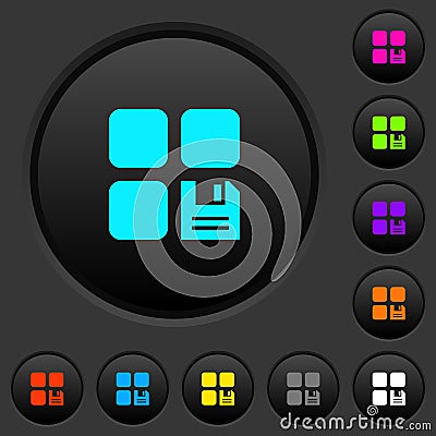 Save component dark push buttons with color icons Stock Photo