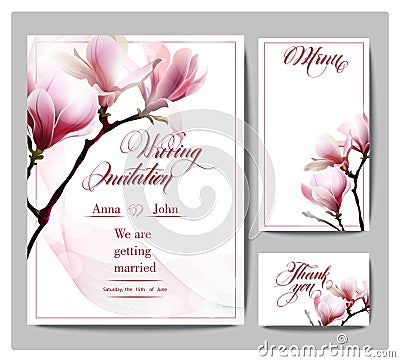 Save The Date with blooming Magnolia. Wedding Invitation Card Vector illustration. Vector Illustration