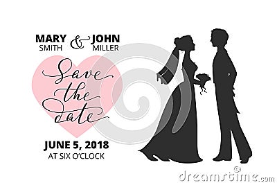 Save the date card with bride and groom silhouettes and hand written custom calligraphy Vector Illustration