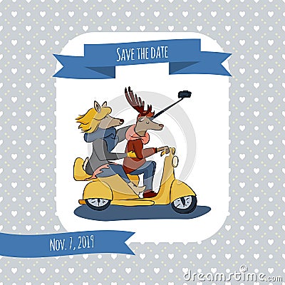 Save the date card with a couple of lovers reindeer rides a scooter and makes the self-picture. Hand drawn characters Vector Illustration