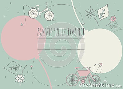 Save the date card with cute bicycles, balloons and flowers Vector Illustration