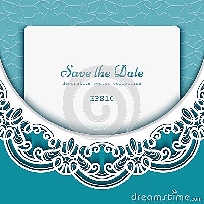 Save the date card with lace border pattern Vector Illustration