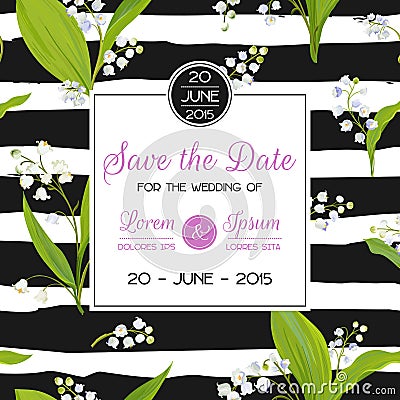 Save the Date Card with Spring Lily of the Valley Flowers. Wedding Invitation, Anniversary Party, RSVP Floral Template Vector Illustration