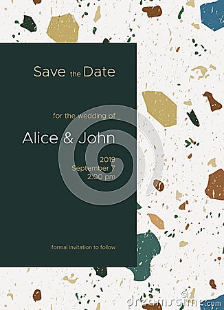 Save the date card template with Terrazzo marble Vector Illustration