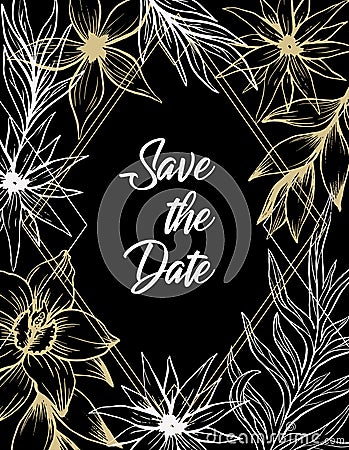 Save the date design template black with gold handdrawn flowers Vector Illustration