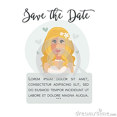 Save the Date invitation card design. Blonde bride in dress Vector Illustration