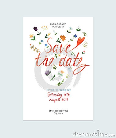Save The Date invitation with watercolor flowers and hand drawn watercolor lettering. Vector Illustration