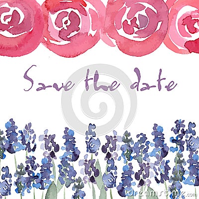 Save The Date invitation with watercolor roses. Vector watercolor floral wedding Invitation Vector Illustration