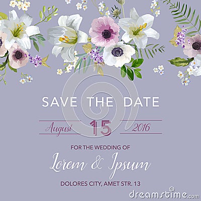 Save the Date Wedding Card. Lily and Anemone Flowers Vector Illustration