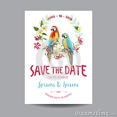 Save the Date. Wedding Card. Tropical Flowers and Parrot Bird Stock Photo