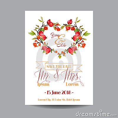 Save the Date. Wedding Card. Tropical Flowers and Pomegranates Vector Illustration