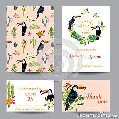 Save the Date. Wedding Card. Tropical Flowers. Toucan Bird Vector Illustration