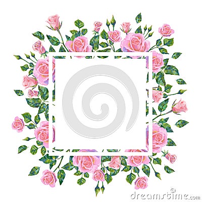 Save the Date wedding invitation card of pink roses flowers square frame Vector Illustration