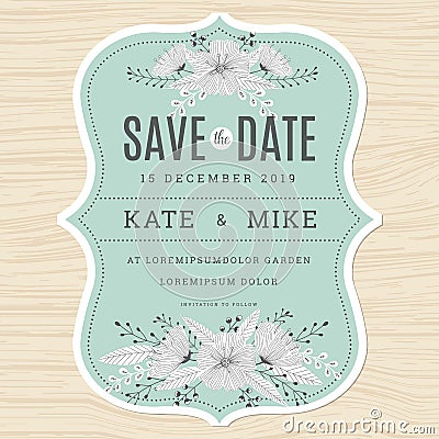 Save the date, wedding invitation card template with hand drawn flower floral background in green mint color. Vector Illustration
