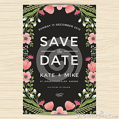 Save the date, wedding invitation card template with hand drawn wreath flower vintage style. Flower floral background. Vector Illustration