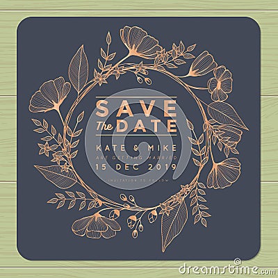 Save the date, wedding invitation card with wreath flower template. Flower floral background. Vector Illustration