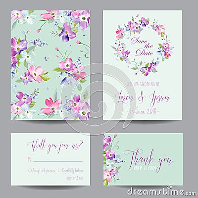Save the Date Wedding Invitation Template with Spring Dogwood Flowers. Romantic Floral Greeting Card Set for Celebration Vector Illustration