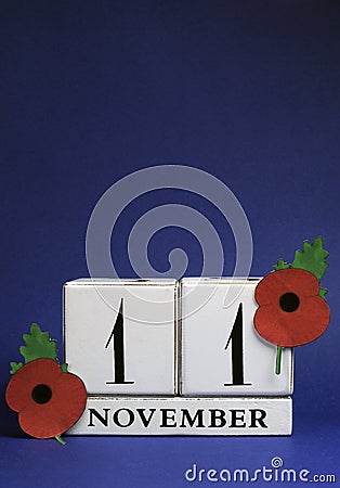 Save the Date, white block calendar, for November 11, Remembrance Day - vertical. Stock Photo