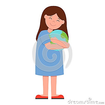 Save Earth. April 22 - Earth Day. girl hugging the Globe. Funny cartoon character. Vector illustration Cartoon Illustration