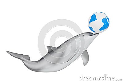 Save the Earth Concept. Tursiops Truncatus Ocean or Sea Bottlenose Dolphin play with Earth Globe. 3d Rendering Stock Photo