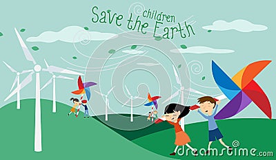 Save the Earth - Green energy for children Vector Illustration