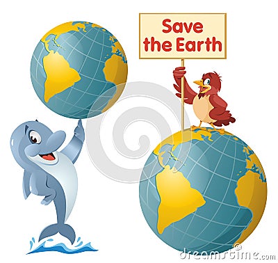 Save the Earth illustration with cartoon dolphin and sparrow Vector Illustration