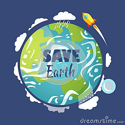 Save Earth Planet with Launched Rocket and Sky Vector Illustration