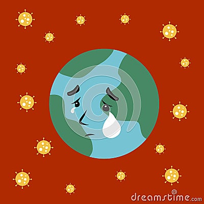 Coronavirus attacking the earth, earth crying cartoon Vector Illustration