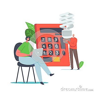 Save Energy Environmental Concept. Tiny Male Female Characters Counting Benefit at Huge Calculator, People Use Energy Vector Illustration