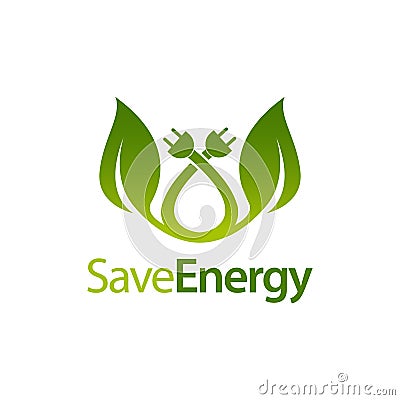 Save energy stem leaves with electric plug icon logo concept design template Vector Illustration