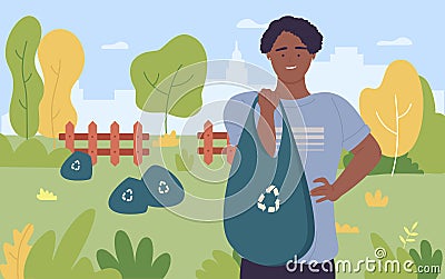 Save environment, clean park, happy young volunteer holding bag with recycling sign Vector Illustration